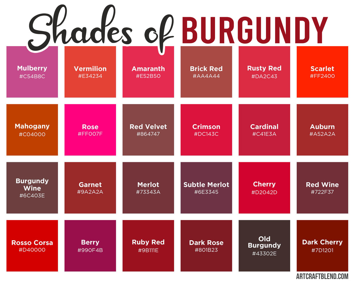 56 Shades of Burgundy: Color Names, Hex, RGB, CMYK Codes