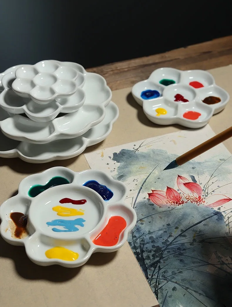 7-Grid Ceramic Plum Blossom Watercolor Painting Palette